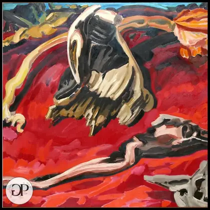 Radice contorta e ossa su fondo rosso — Giovanni Pennacchietti