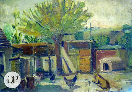 Paesaggio con grande albero, case rurali e galline nell'aia — Giovanni Pennacchietti