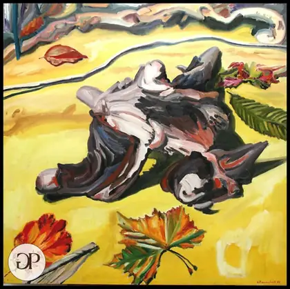 Radice contorta e foglie autunnali su fondo giallo — Giovanni Pennacchietti