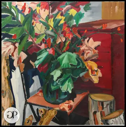 Vaso con fiori rossi e foglie verdi su un tavolo — dipinto di Giovanni Pennacchietti